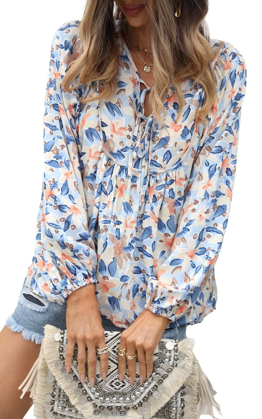 Lace-up printed loose shirt for women