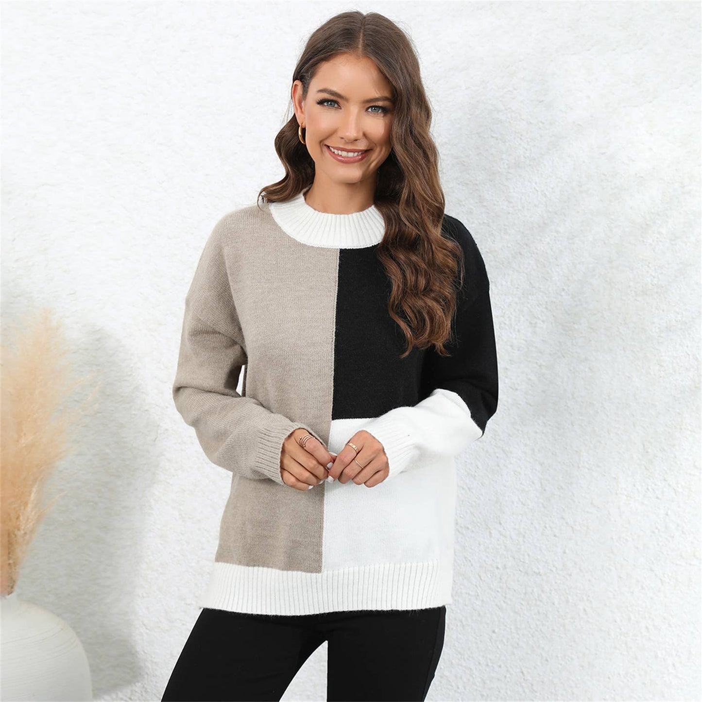 WITH IRREGULAR KNIT LOOSE PULLOVER SWEATER