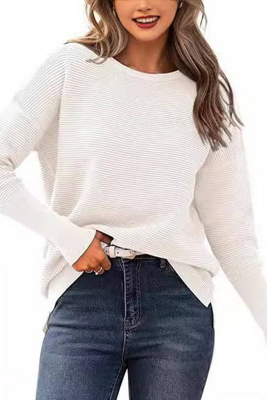 Cwoswl3401_Solid Color Striped Round Neck Knitted Sweater