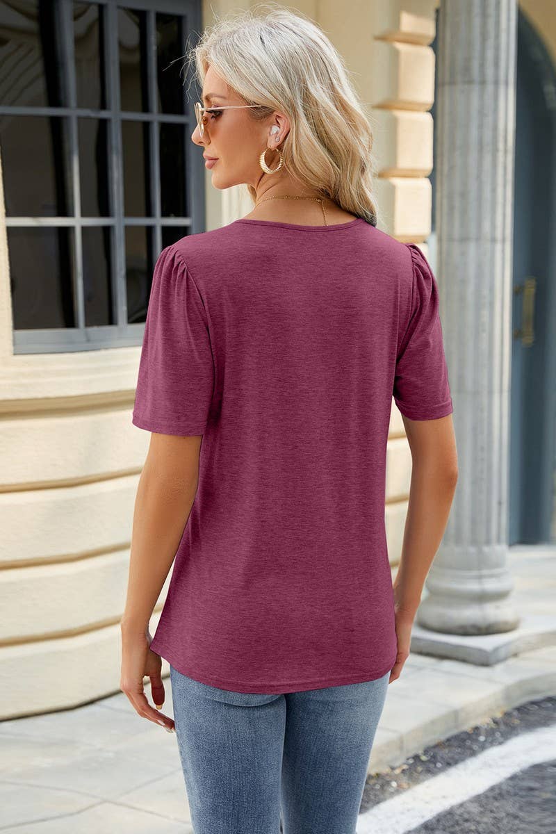 SOLID COLOR ROUND NECK SHORT SLEEVE PLEATED TOP_CWTSTS0343