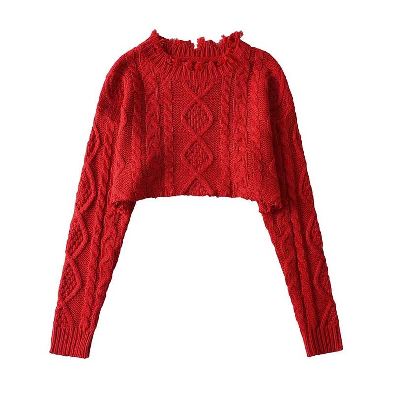 SHORT LONG SLEEVE SOLID COLOR PULLOVER SWEATER