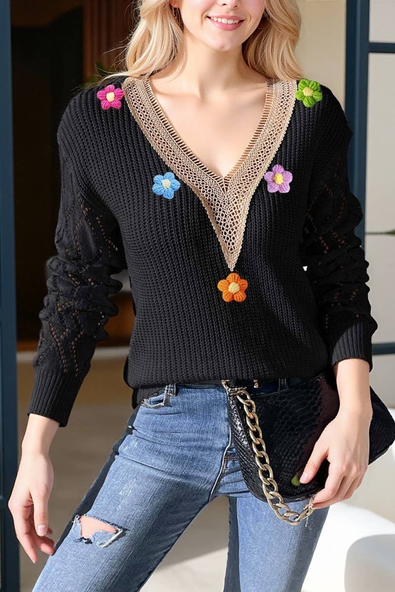 CWOSWL07385_WOMEN LACE V NECK COLOR BLOCK KNIT TOP