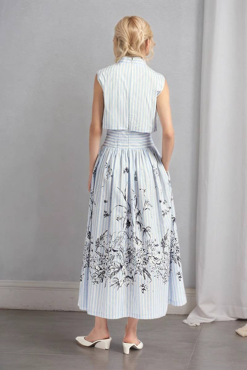 CWDMD6372_STRIPED V-NECK PRINTED SLEEVELESS DRESS