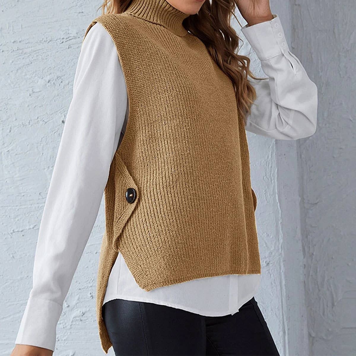 SOLID COLOR TURTLENECK SLEEVELESS WAISTCOAT
