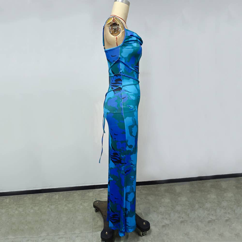 PRINT HALTER LONG SLEEVELESS BOHEMIAN DRESS