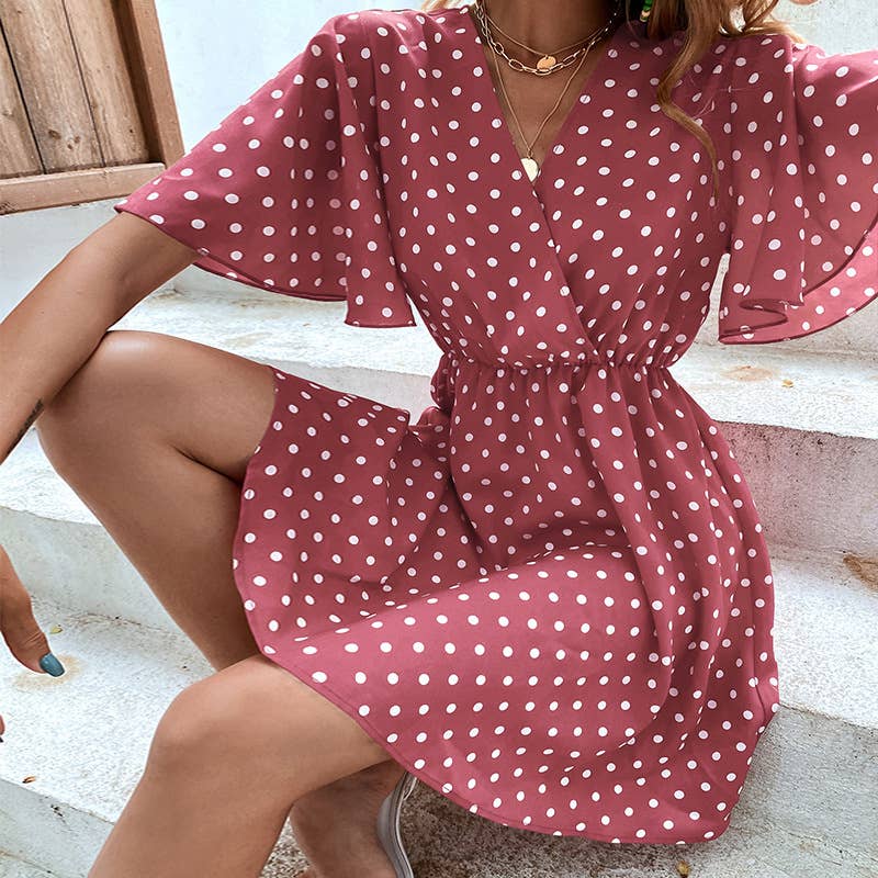 TEMPERAMENT V-NECK PRINT POLKA DOT DRESS