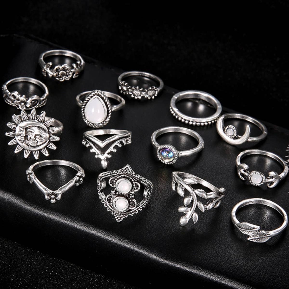CWASC1952_WATER DROP SUNFLOWER MOON SUN HOLLOW RING SET