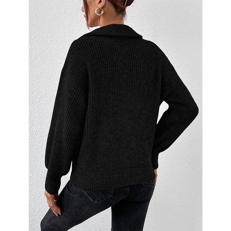 SOLID COLOR LOOSE CASUAL POLO NECK ZIP-UP SWEATER