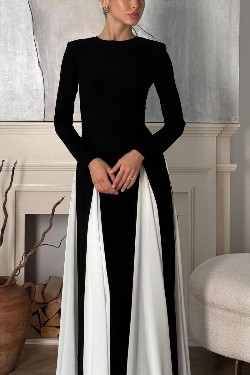 CWDMD01028_BLACK AND WHITE STITCHING LONG-SLEEVED DRESS