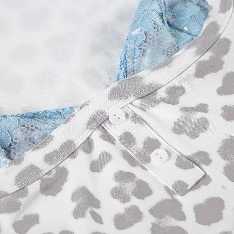 Leopard print lace fake two square collar top