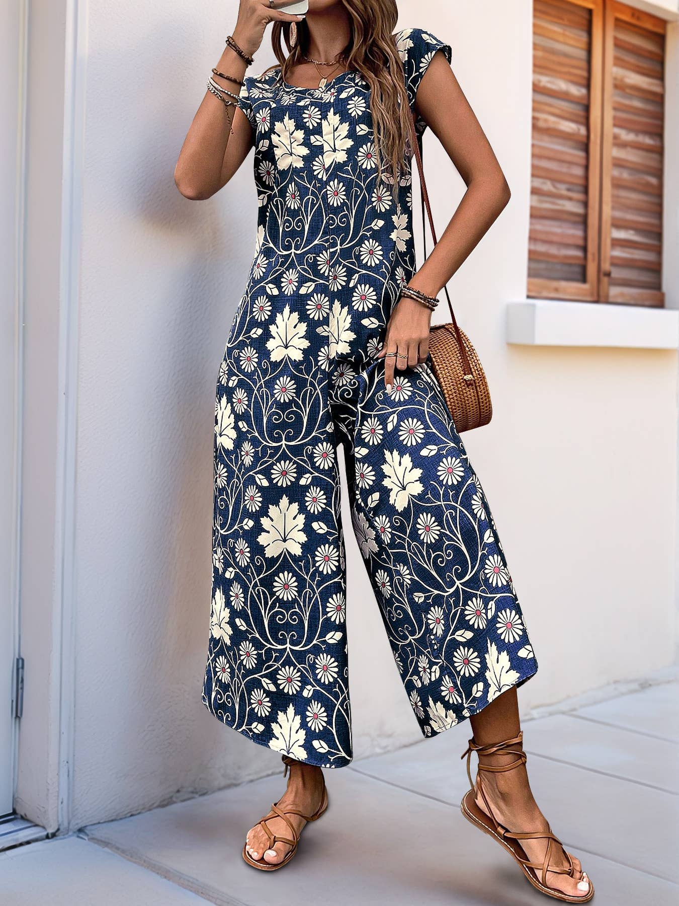 Vintage floral print casual straight-leg jumpsuit