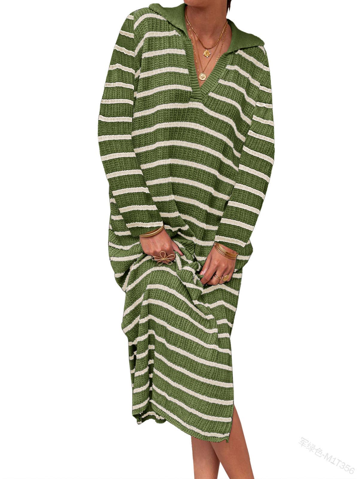 LONG V-NECK STRIPES LOW SLIT LAPELS SWEATER DRESS