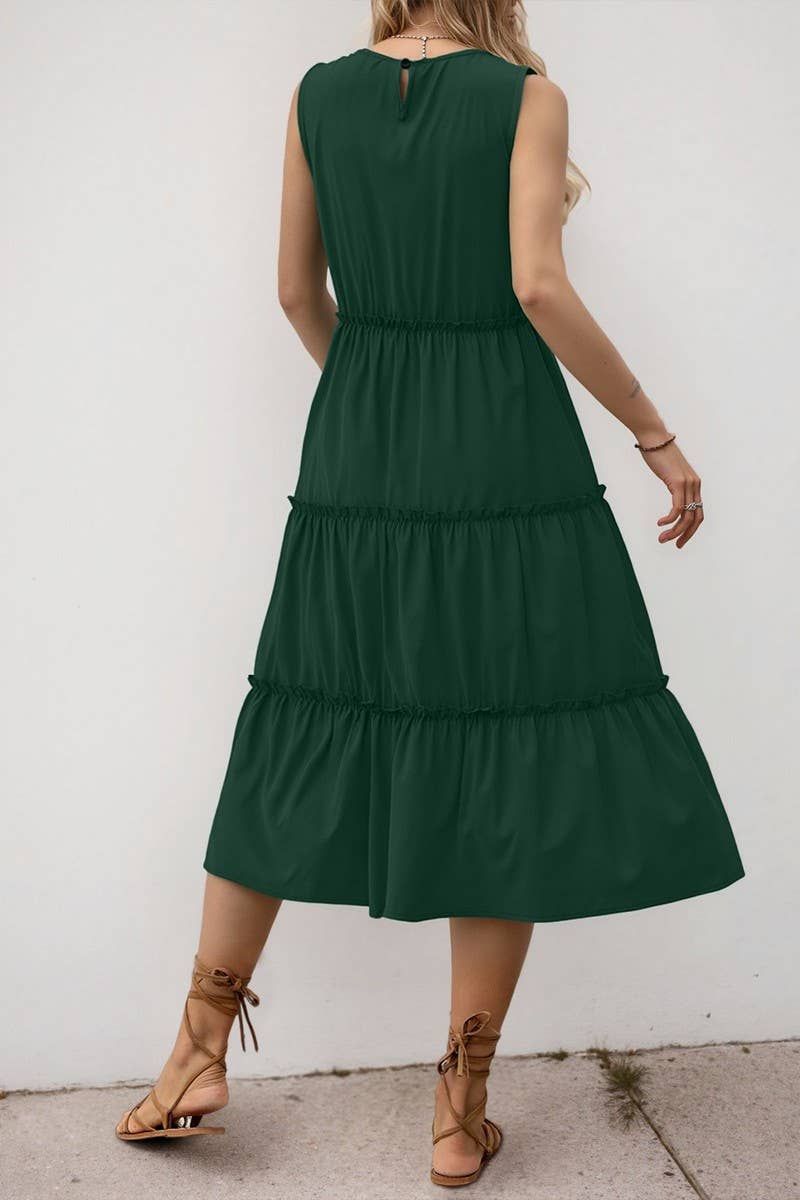 CWDMD5773_SOLID RUFFLED SLEEVELESS PLEATED MIDI DRESS