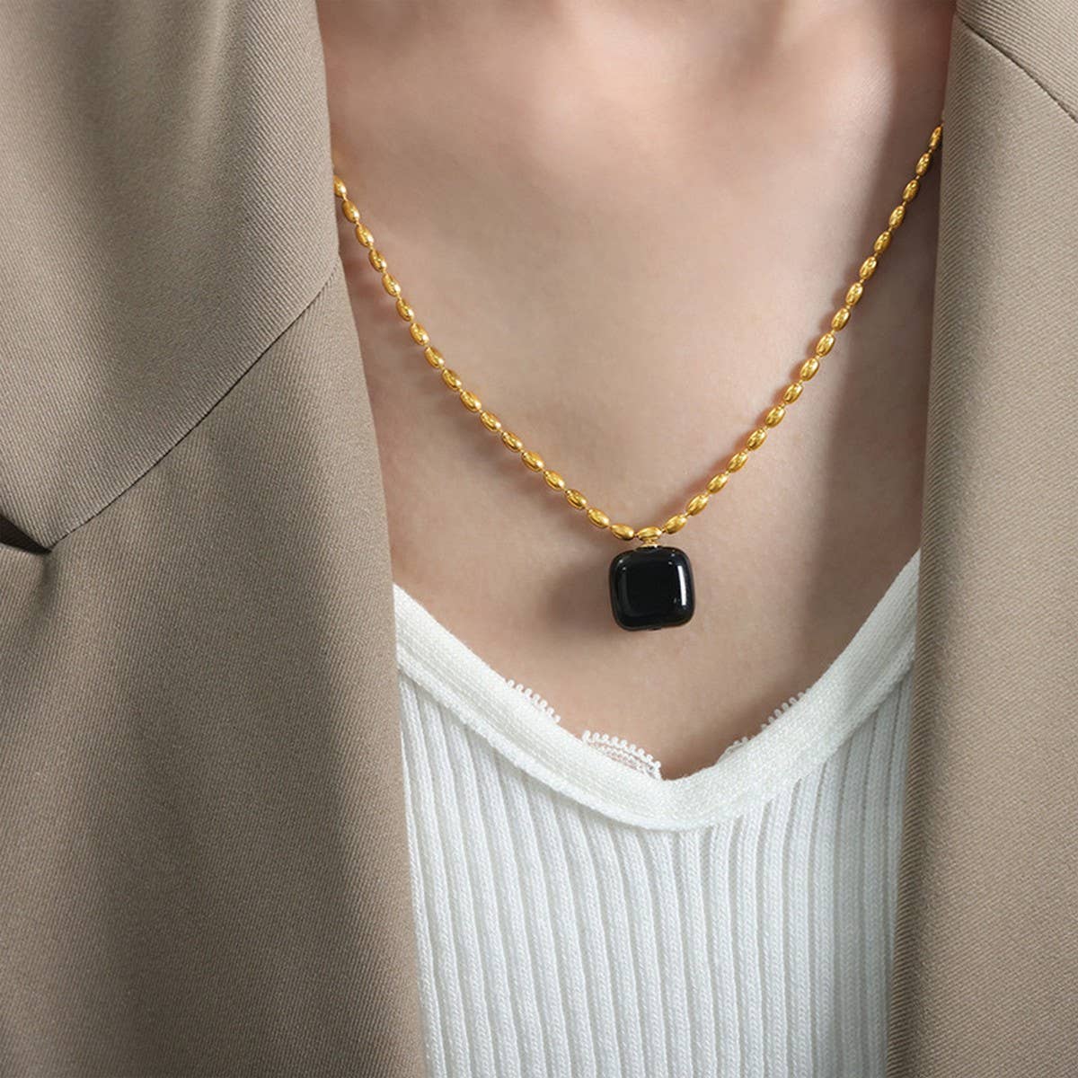 NATURAL STONE AGATE PENDANT TITANIUM STEEL NECKLAC