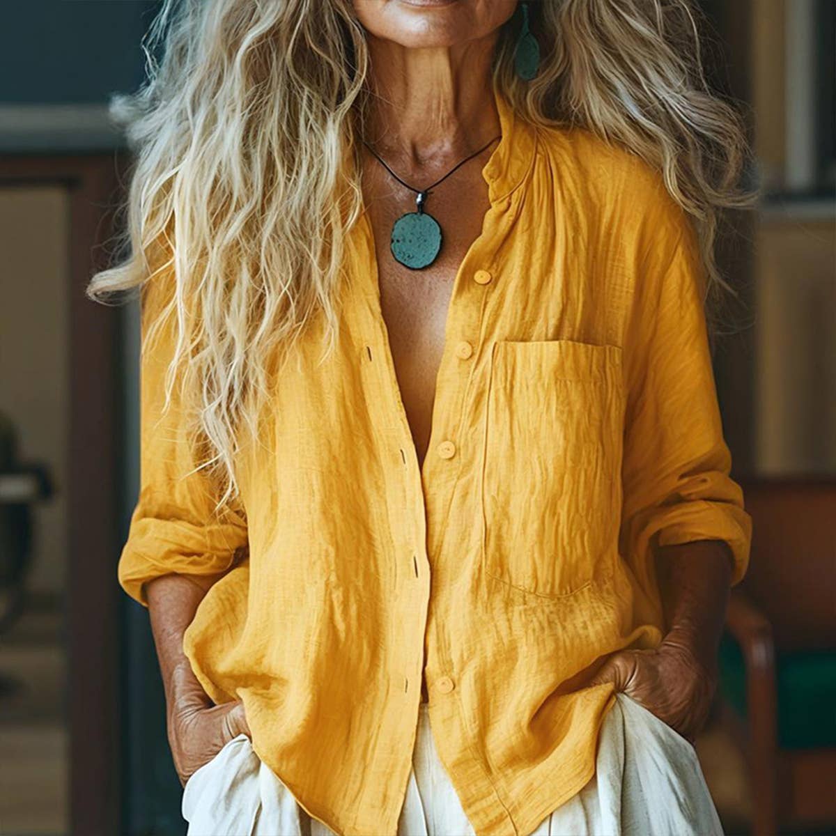 Solid-color long-sleeved cotton linen cardigan