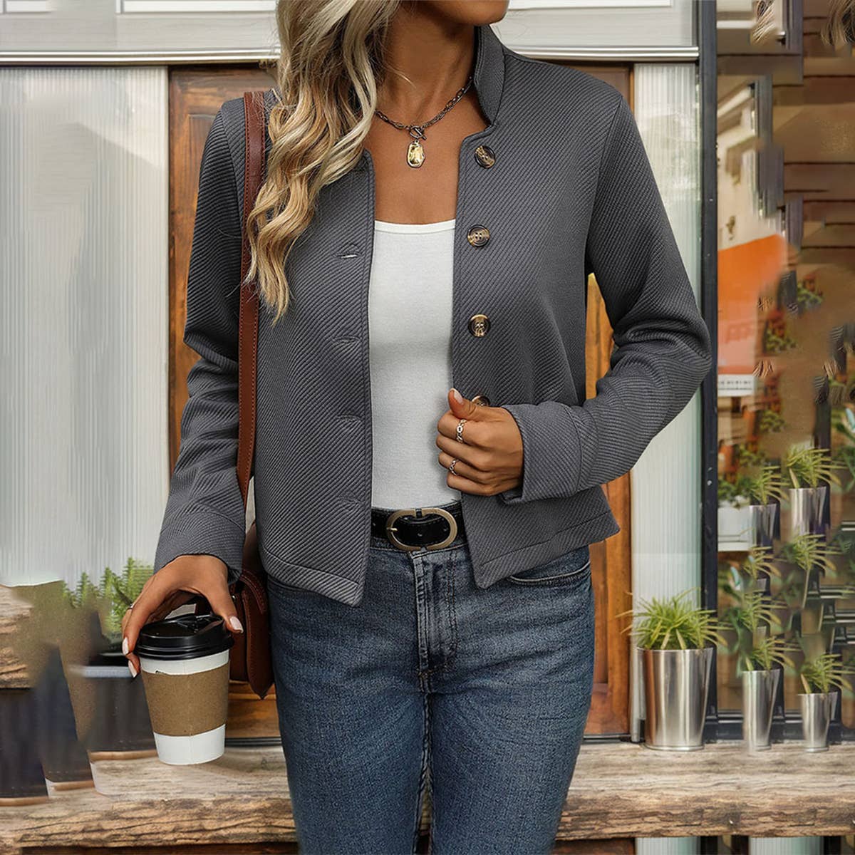 Textured stand-up collar jacket