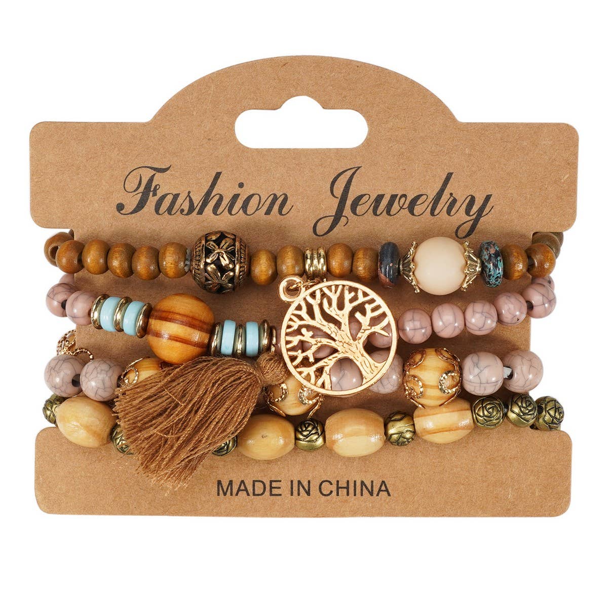 CWMM10462_WOOD BEAD ROSE ALLOY HANDMADE BRACELET SET