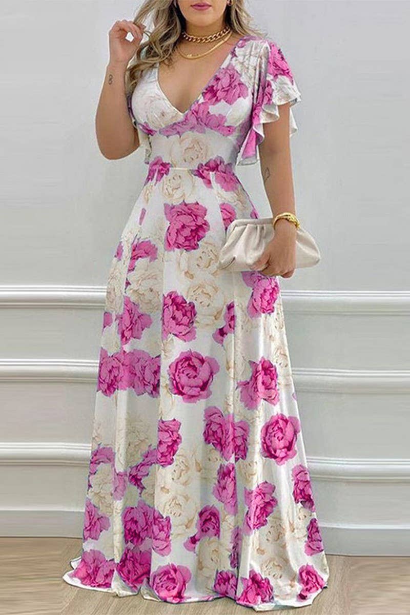 CWDMD5753_V-NECK SEXY LOTUS LEAF SLEEVES PRINTED SWING DRESS