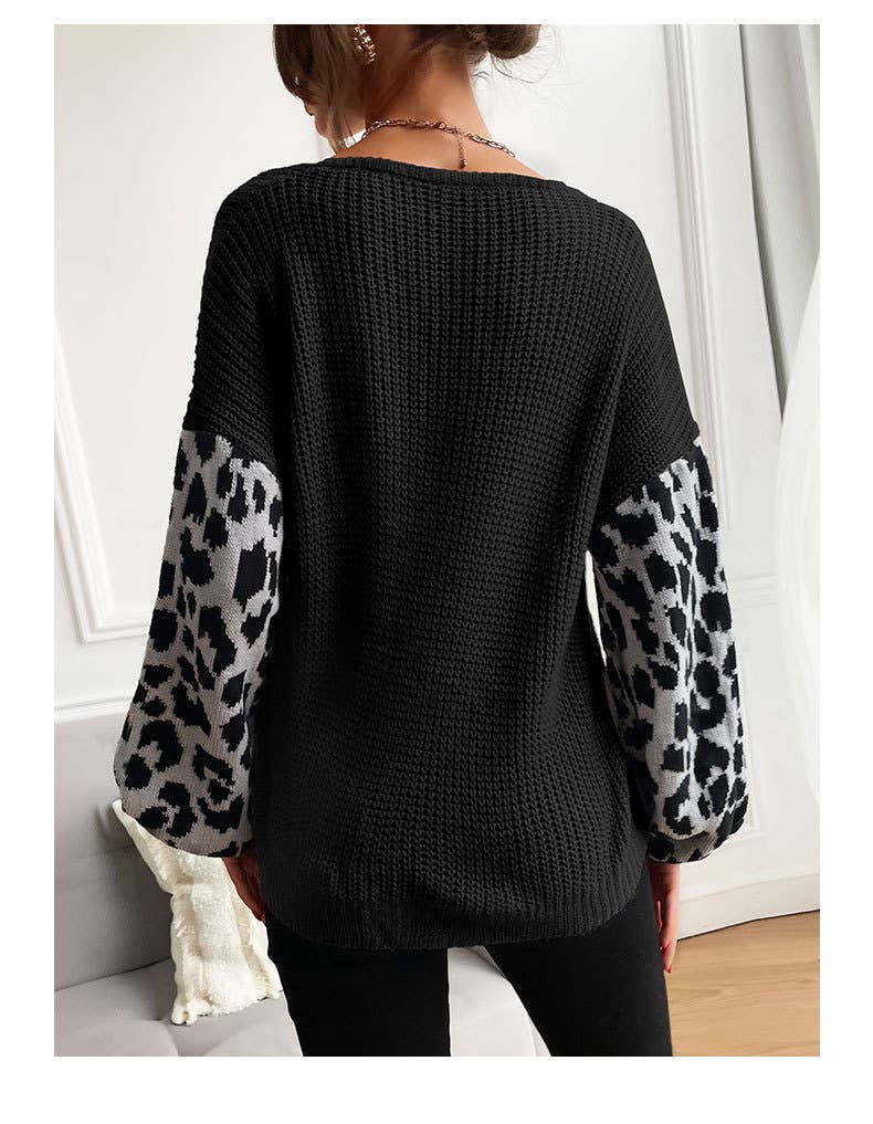 V-neck loose leopard print patchwork sweater