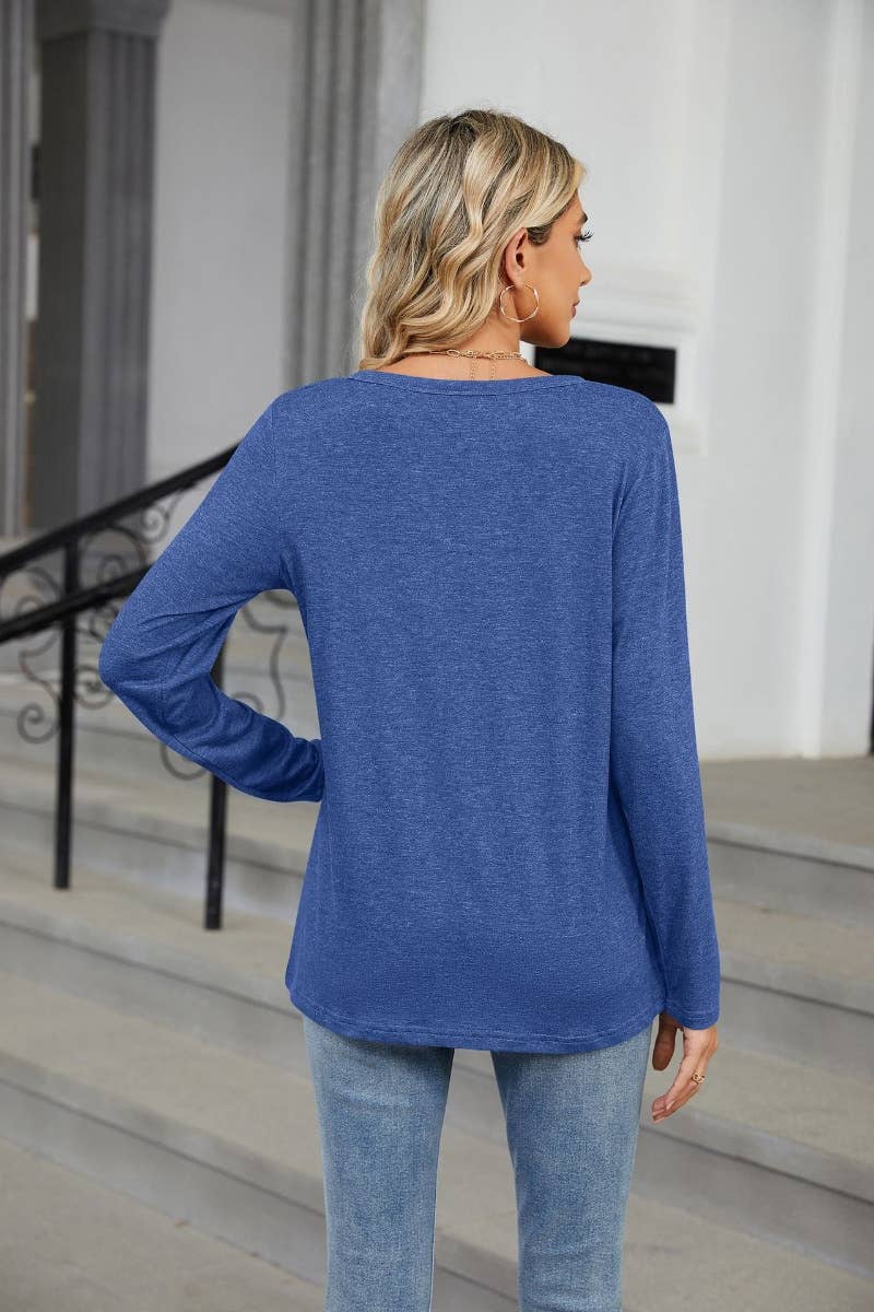 Cwtbll2861_Fall Solid Color V-Neck Long Sleeve Loose Top