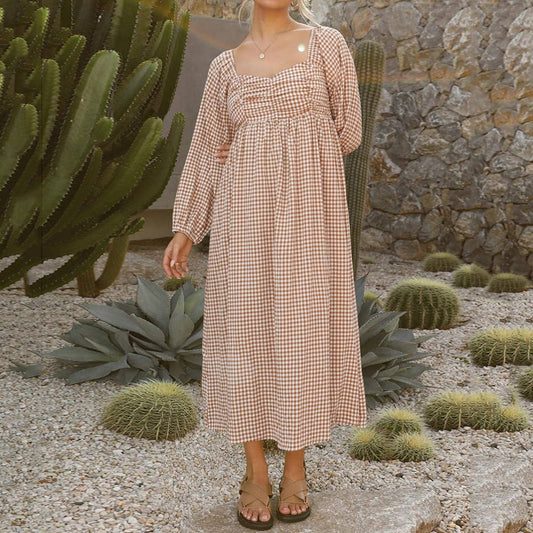 Square collar plaid loose swing mid-length dress