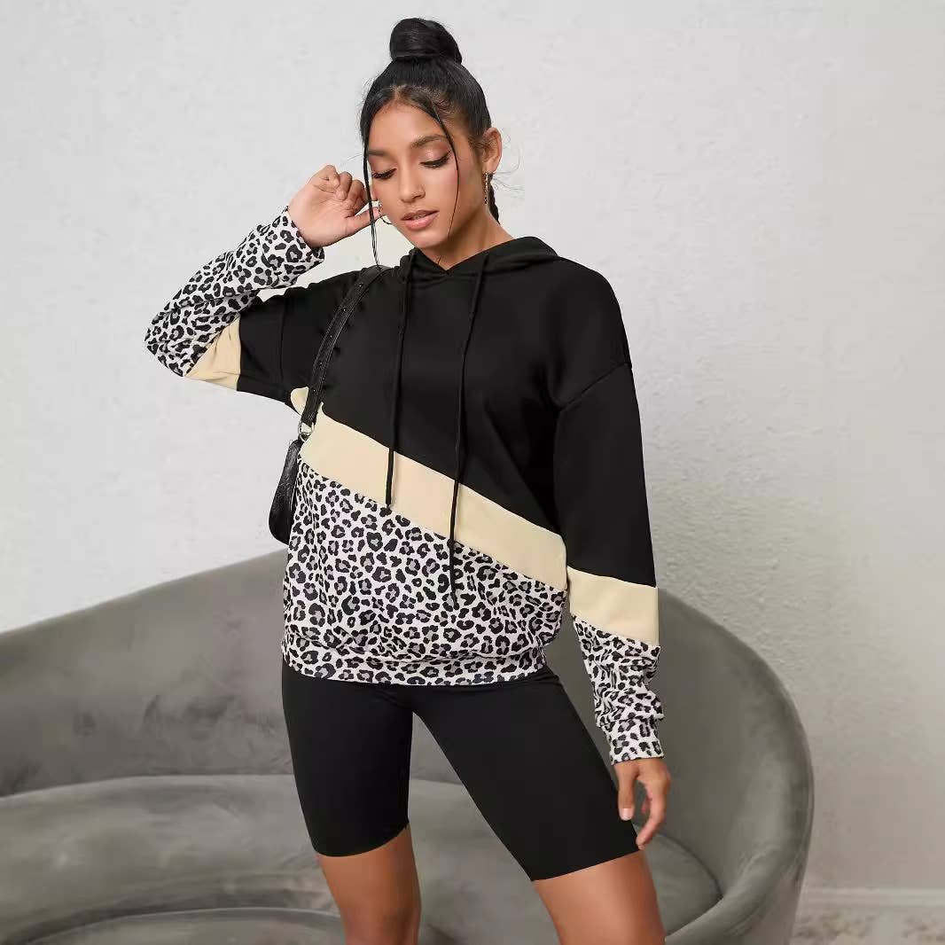 LEOPARD-PRINT PATCHWORK FASHION HOODIE JUMPER