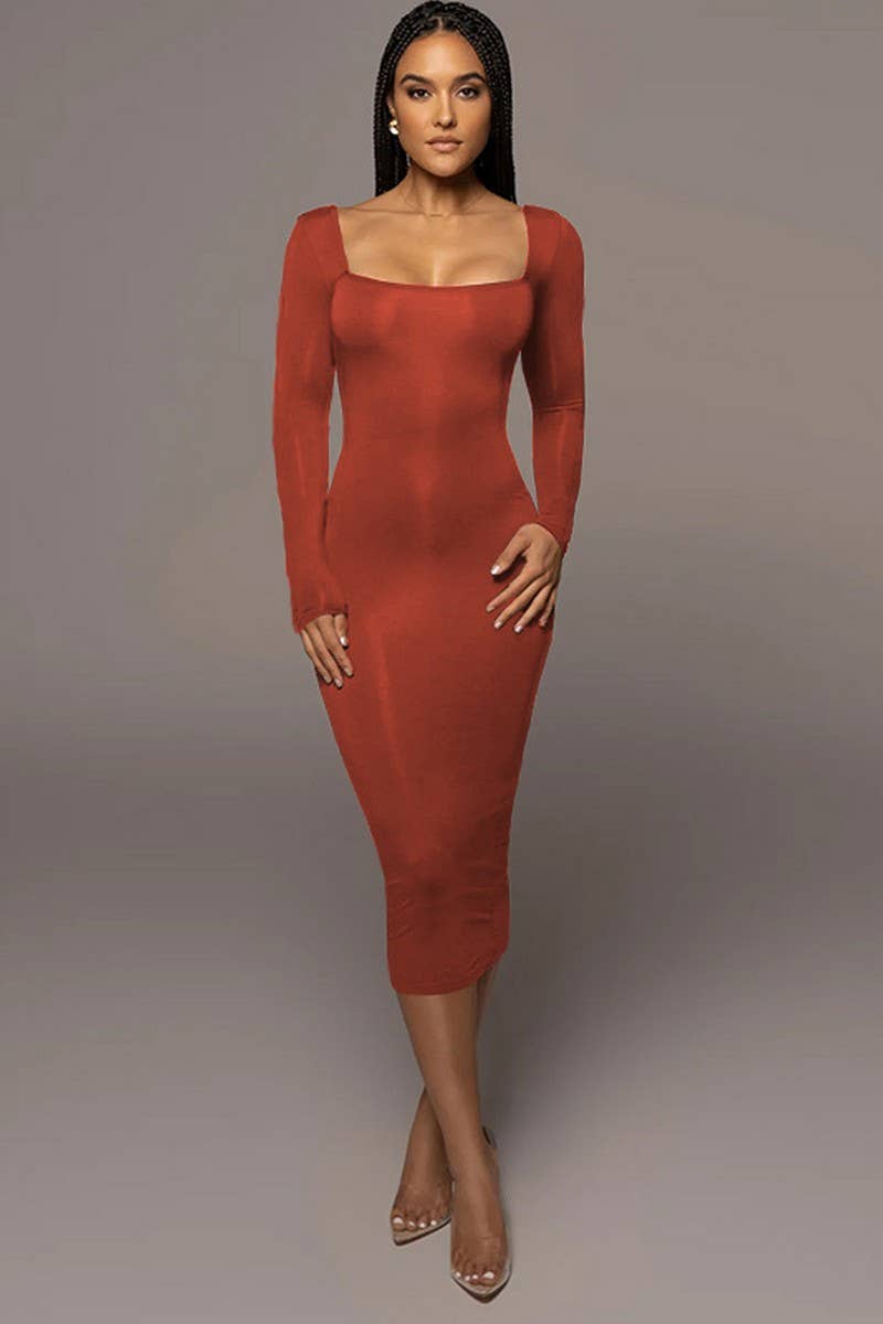 CWDMD4902_SOLID COLOR SLIM SQUARE NECK LONG SLEEVE DRESS