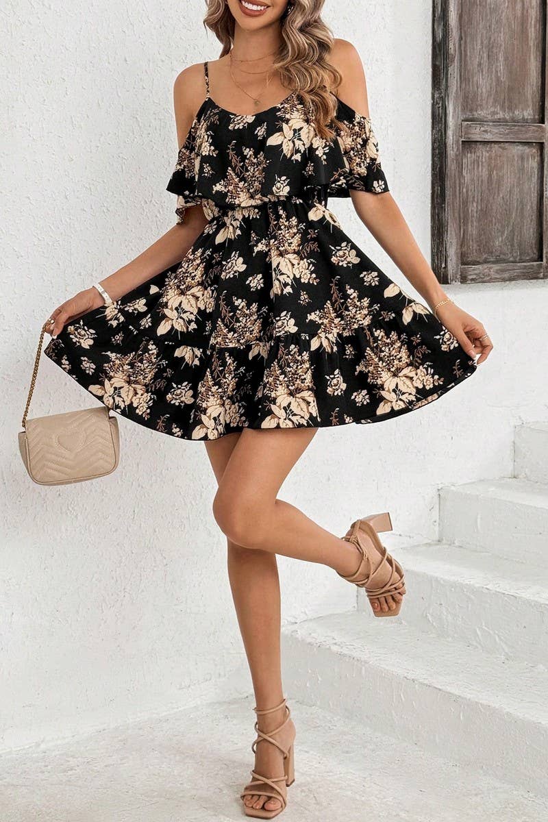 CWDHL0971_WOMEN'S ELEGANT PRINTED SLING WAIST RUFFLE DRESS