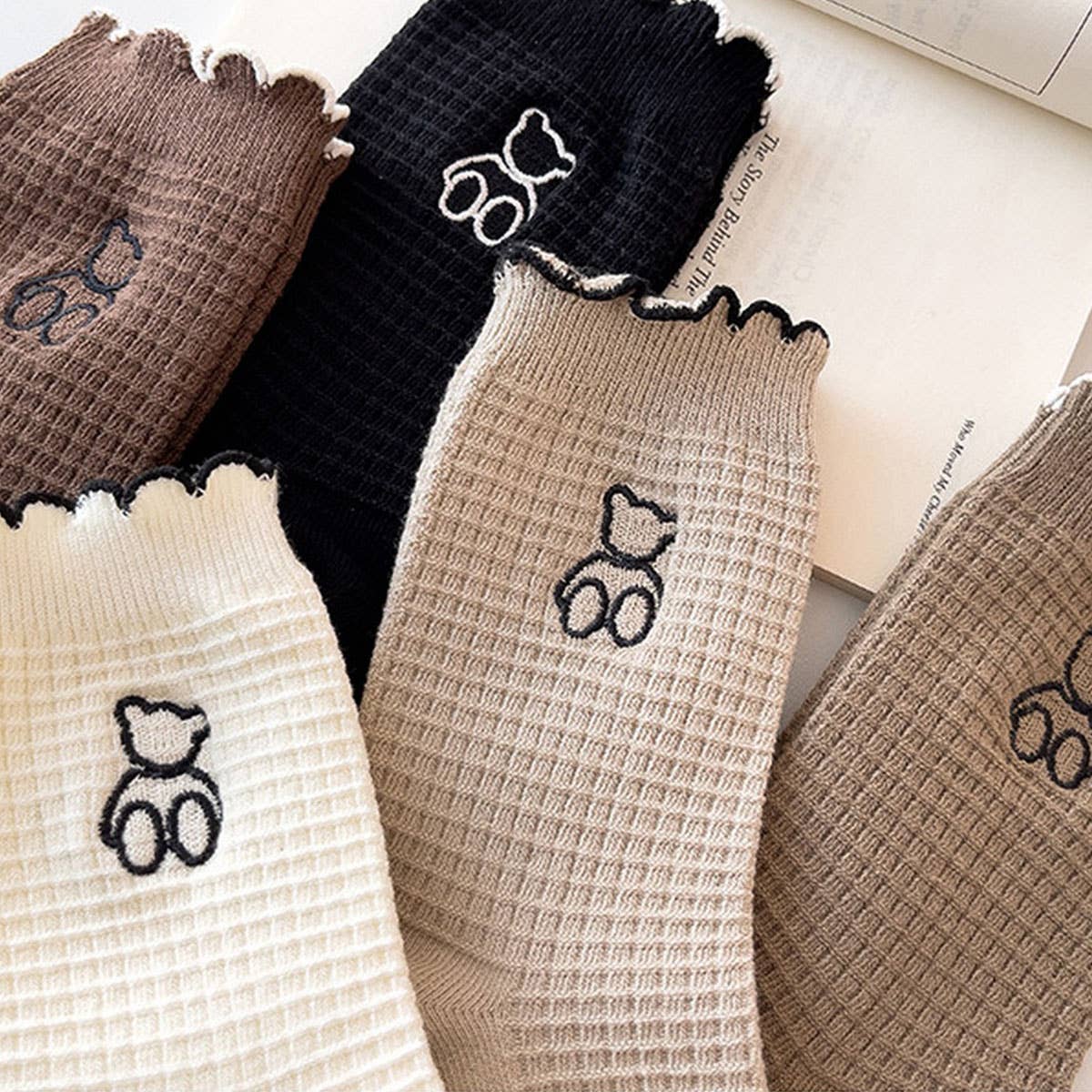 WARM COFFEE EMBROIDERED BEAR WOMEN'S SOCKS