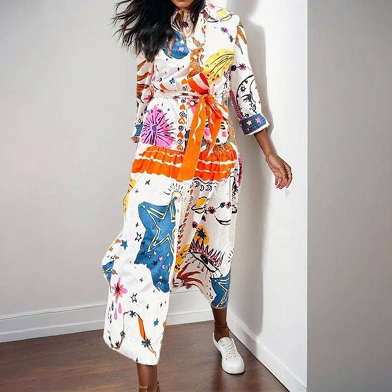 WHIMSICAL PAINTED PATTERN SIDE SLIT PRINTED DRESS