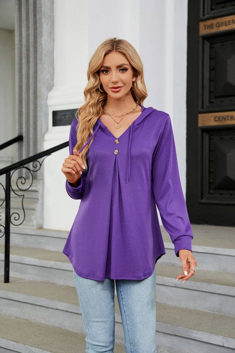 CWOHOL0932_SOLID COLOR V-NECK BUTTON HOODED LOOSE SWEATSHIRT
