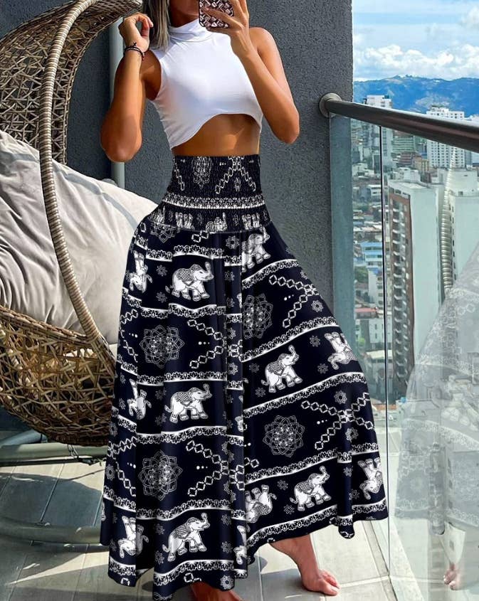 Tropical print retro floral print wide leg pants