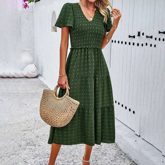 LEISURE PURE COLOR V NECK SHORT SLEEVE DRESS_CWDSD2810