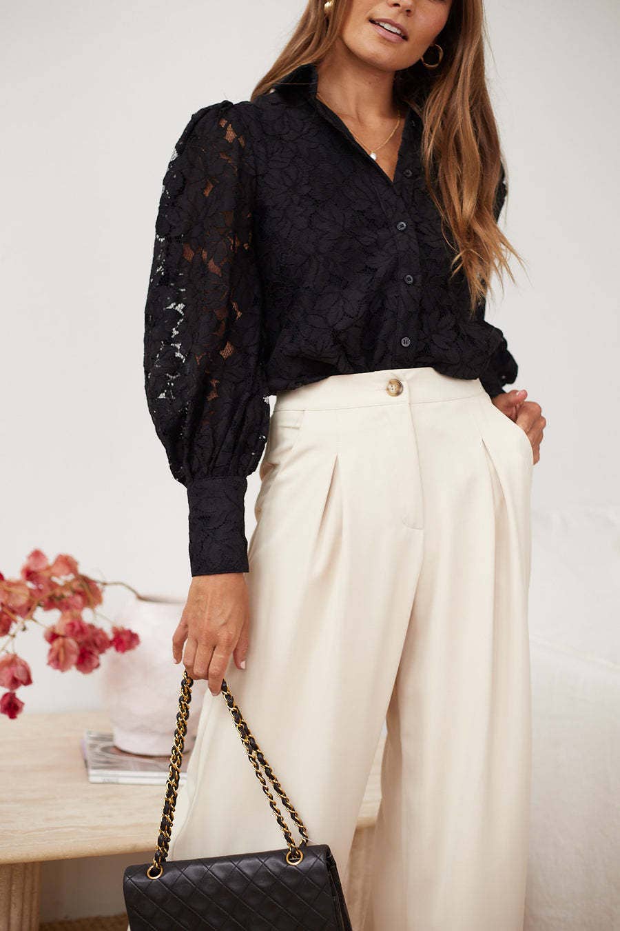 LAPEL SOLID COLOR LONG-SLEEVED CUT-OUT LACE SHIRT
