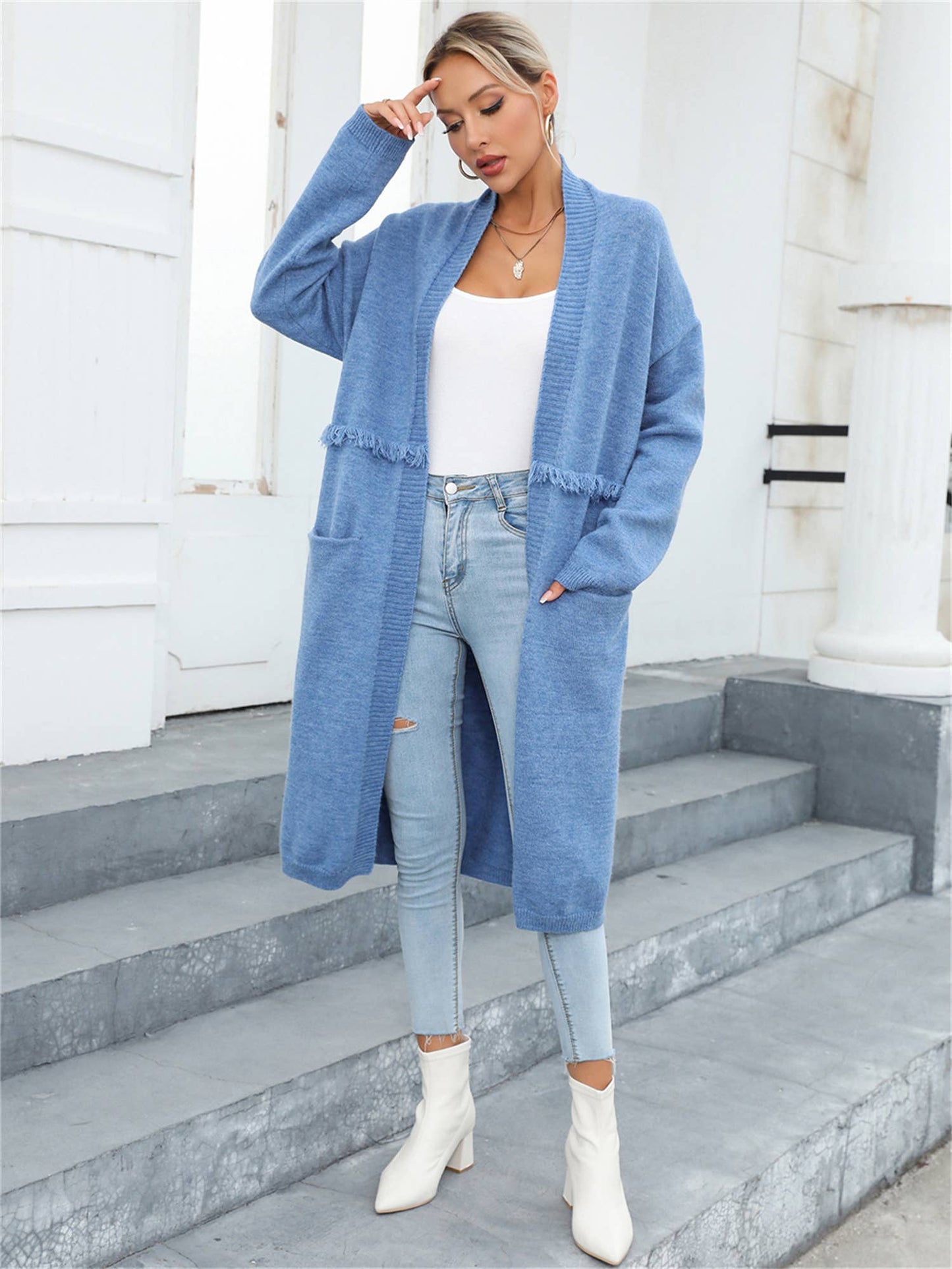 LONG CARDIGAN POCKET STYLE FRINGE COAT SWEATER