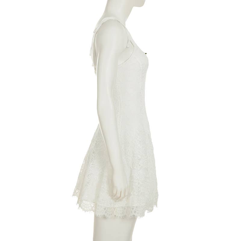 Vacation-style lace-trimmed halter short dress