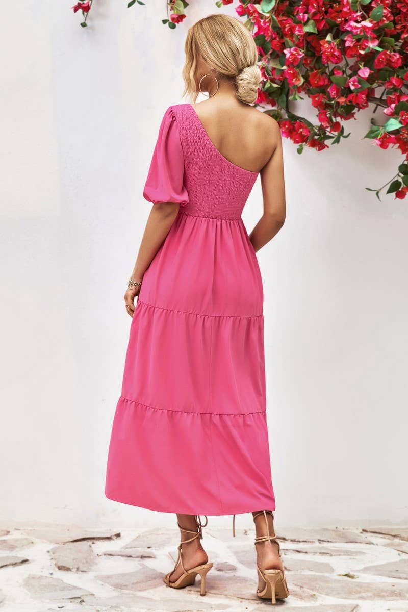 SLANT SHOULDER PUFFY SLEEVE DRESS_CWDSD2635