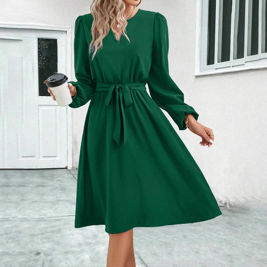 LONG SLEEVE SMALL V-NECK LACE-UP DRESS