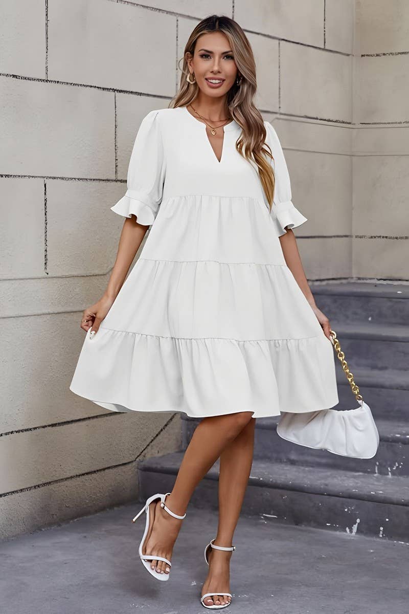 CWDSD10631_FASHIONABLE V-NECK SOLID COLOR LOOSE DRESS