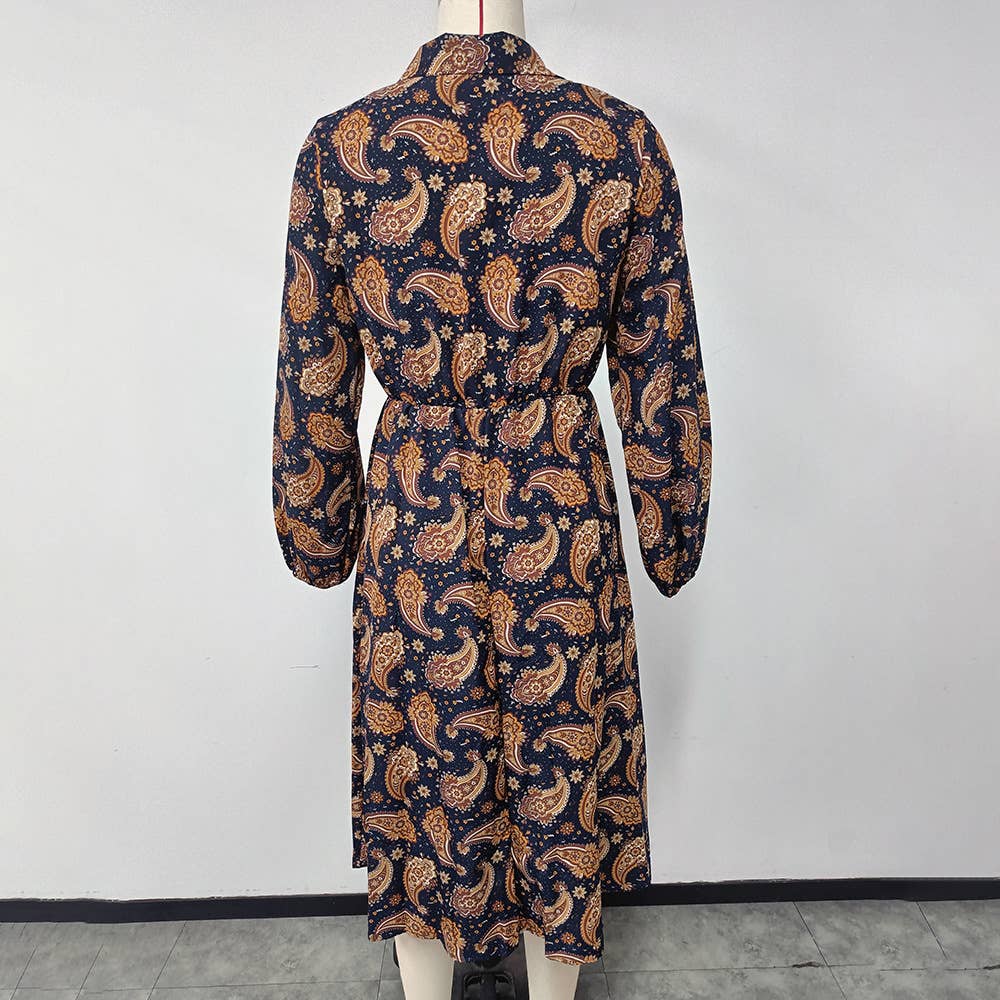 PRINTED A-LINE LONG SLEEVE FLORAL SHIRT DRESS