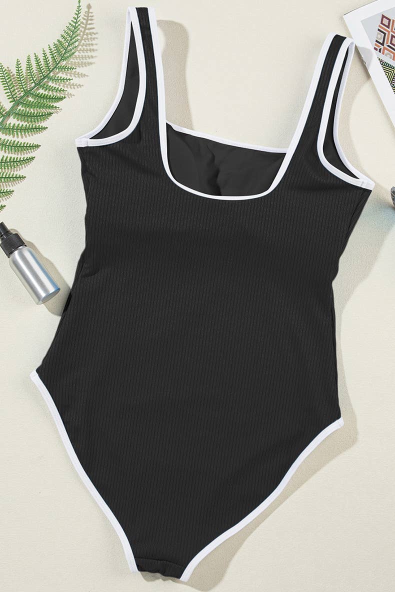 One-piece swimsuit contrasting color borders