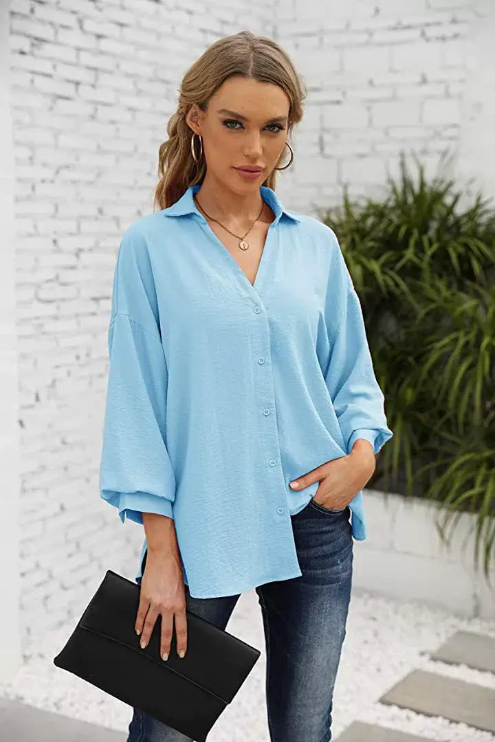 LANTERN SLEEVE BUTTON V-NECK CHIFFON CASUAL SHIRT