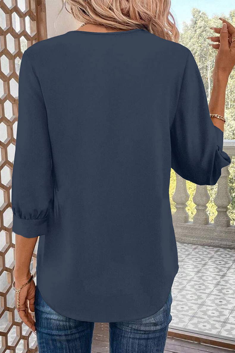 SEVEN-POINT SLEEVE SOLID COLOR V-NECK CHIFFON TOP