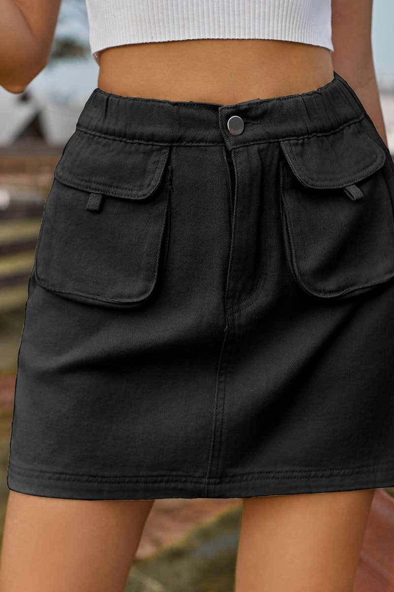 CWJSK00233_WASHED ELASTIC WAIST DENIM MINI SKIRT