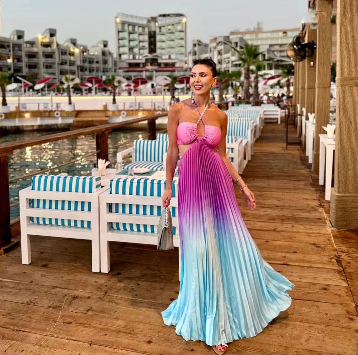 Gradient Halter Pleated Beach Vacation Dress