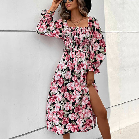 LONG-SLEEVED SQUARE COLLAR PRINT SPLIT DRESS