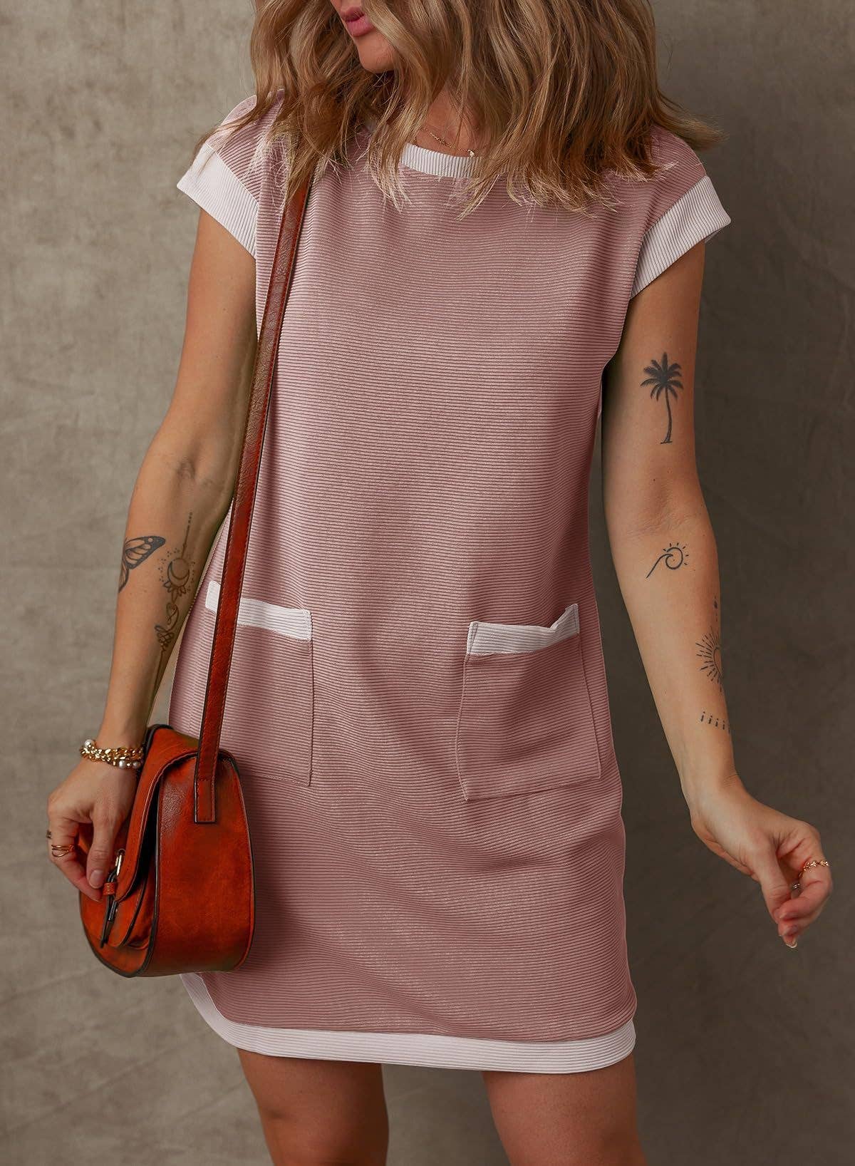 Women¡¯s colorblock pocket sleeve mini dress