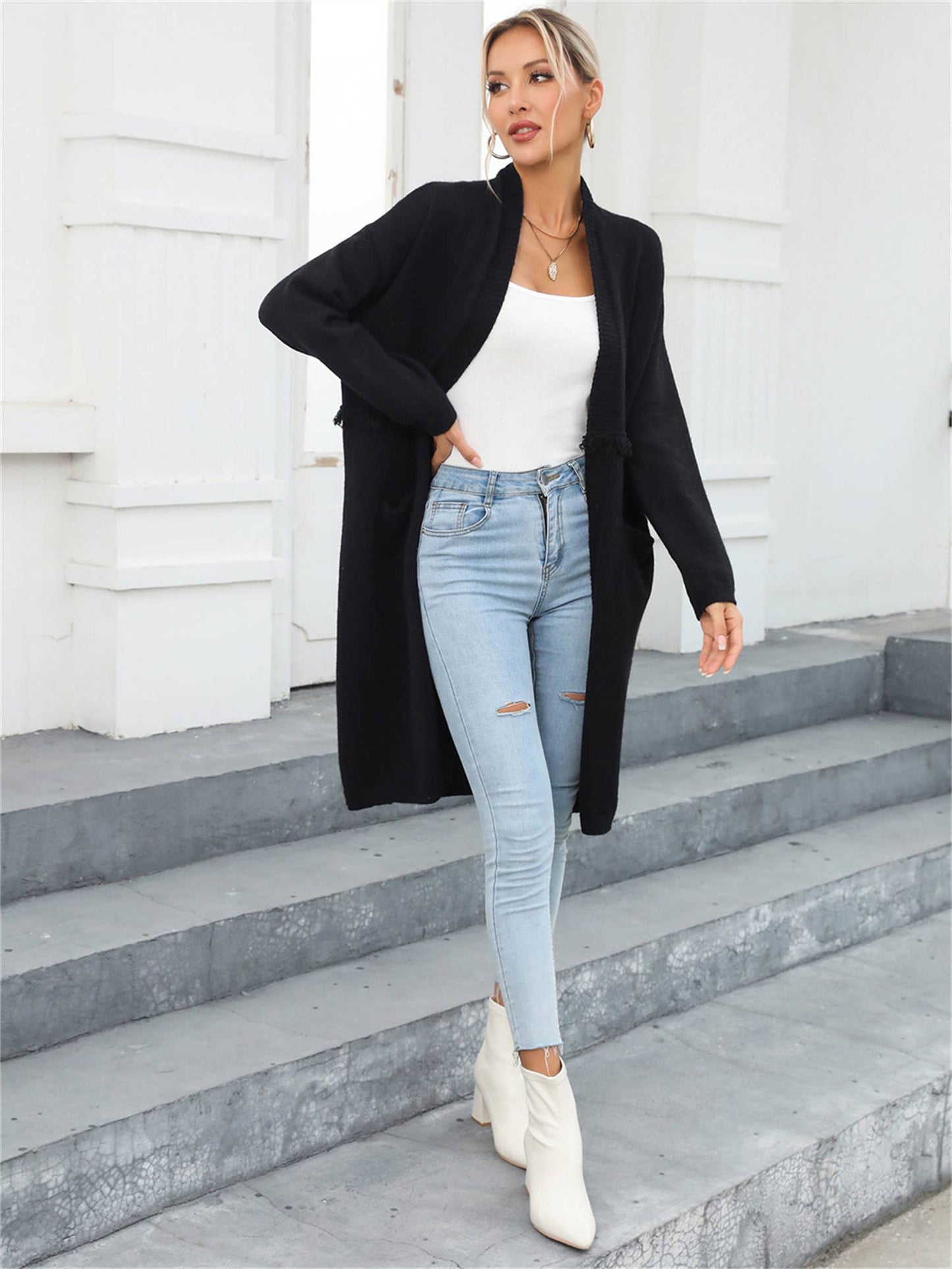 LONG CARDIGAN POCKET STYLE FRINGE COAT SWEATER