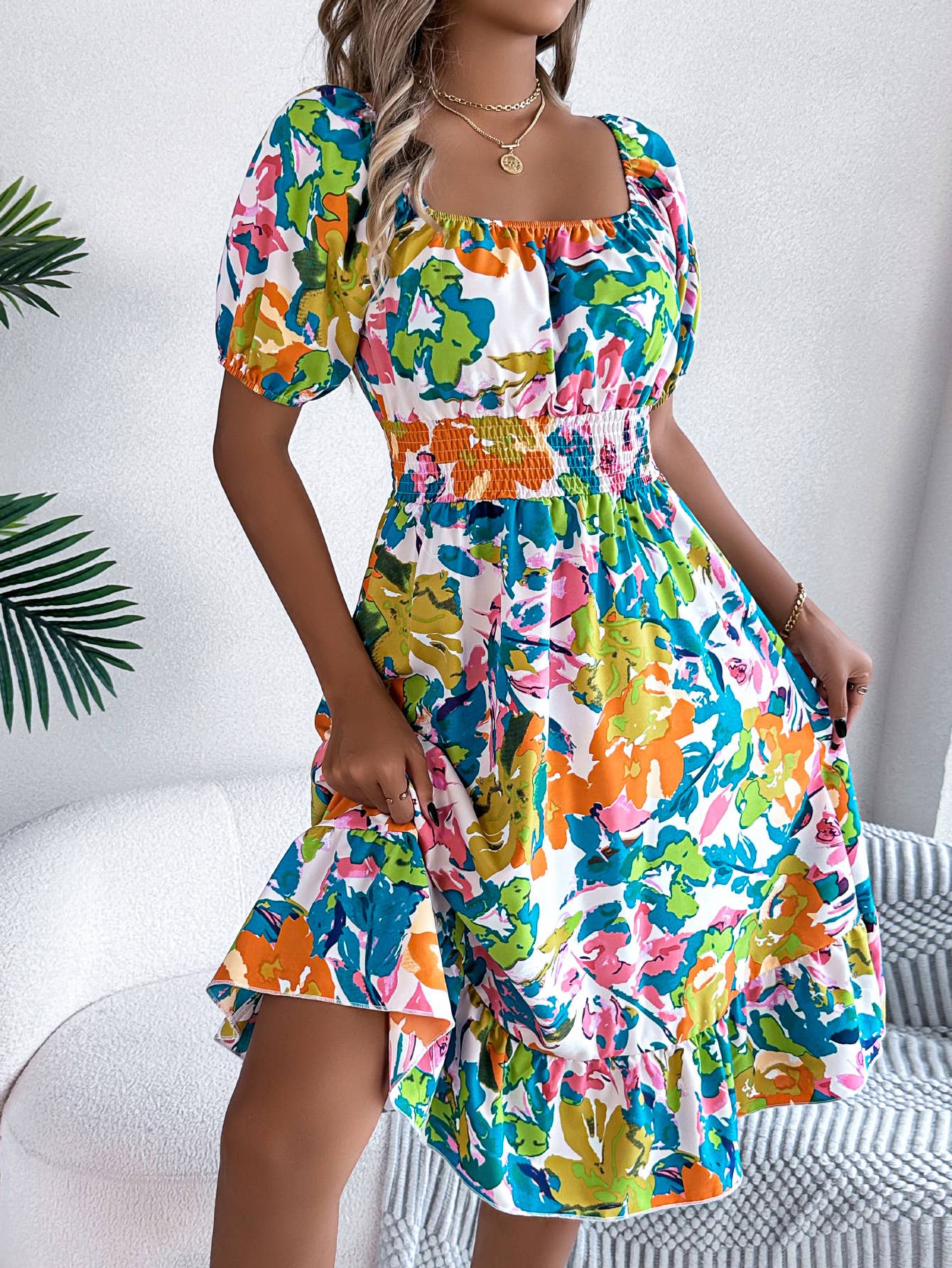 Printed square collar waist peplum A-line dress