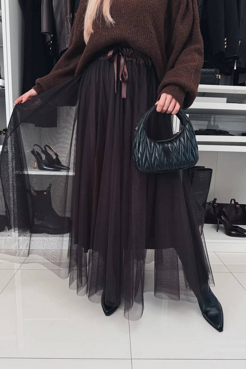 CWBLS135_SOLID COLOR MESH MESH WIDE SWING SKIRT